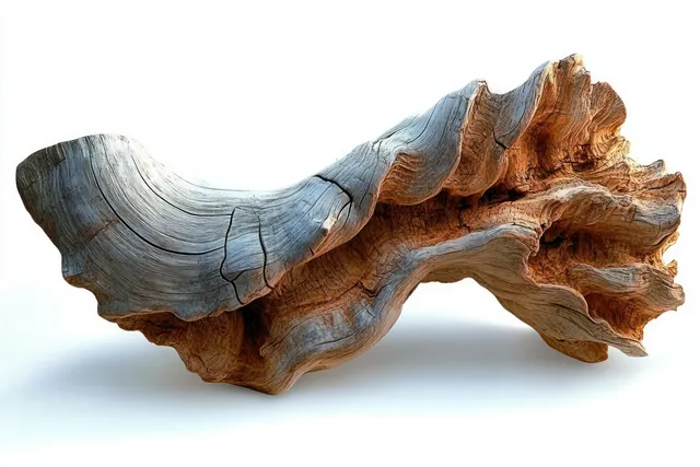 Weathered driftwood close-up showing wavy textures and natural cracks on white background