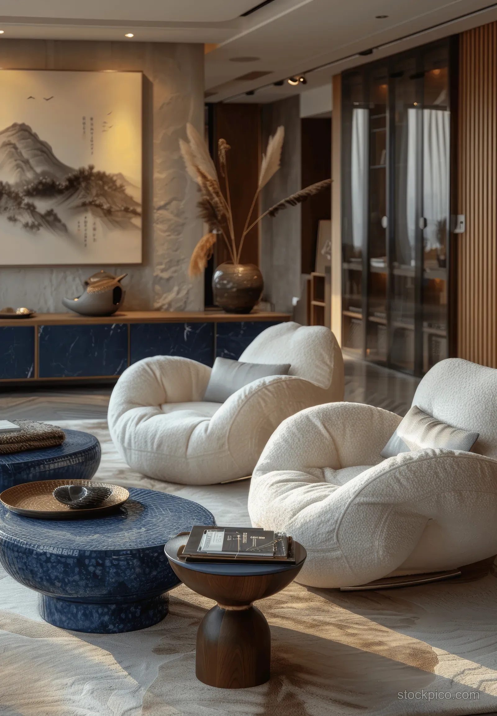 White curved sofa with cushions in a minimalist living room beside a blue coffee table and navy side table.