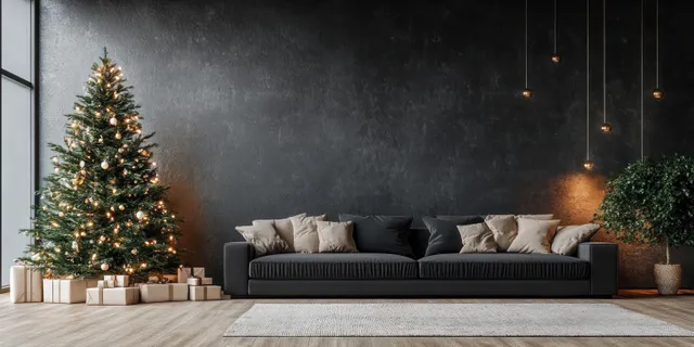 A lit Christmas tree stands beside a dark sofa in a Scandinavian living room with warm lamps and gift boxes.