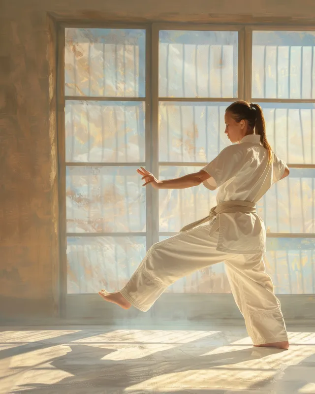 A karateka in a white gi performs a kata stance in a sunlit room with large windows.
