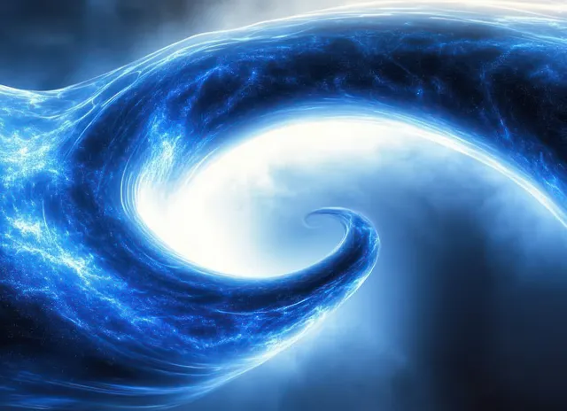 A glowing blue cosmic vortex spirals through a dark space scene with electric nebula light.