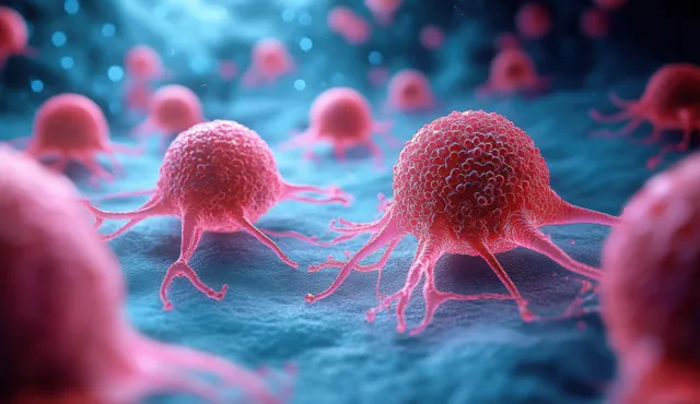 Microscopic view of isolated cancer cells with glowing nuclei under soft blue lighting.