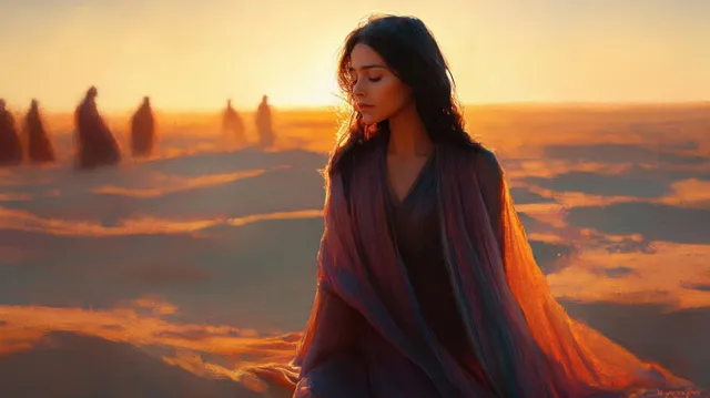 A young woman prays in the desert at sunset wearing flowing robes and a dark veil.