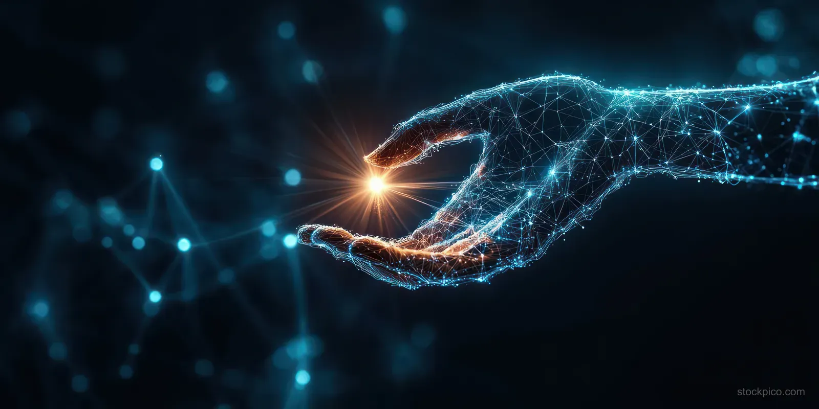 A glowing hand reaches toward neon network nodes with digital connection lines in a dark cyberpunk interface.
