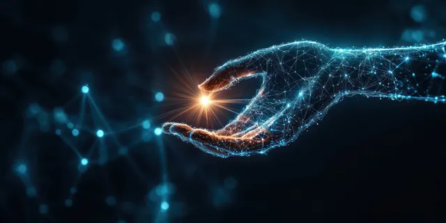 Glowing cyberpunk hand reaches into digital network nodes and neon light trails