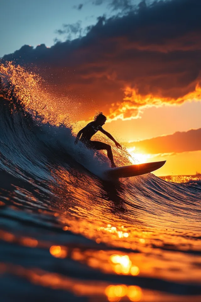 A silhouetted surfer rides a wave at sunset, with bright spray droplets glowing in the foreground.