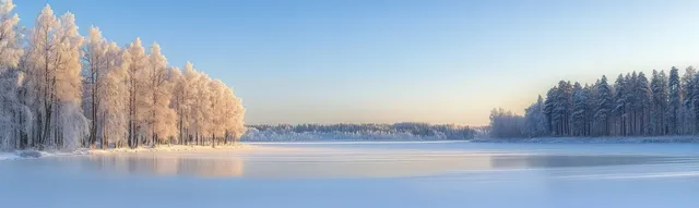 Panoramic frozen lake winter view with snowy conifer forest, Finland twilight light