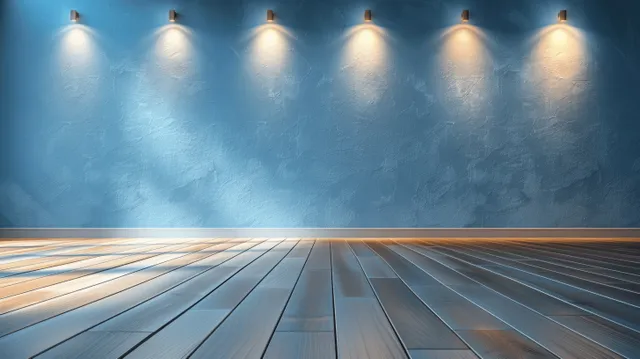 Light blue interior wall and wooden floor stretching toward ceiling spotlights in an empty room mockup scene.
