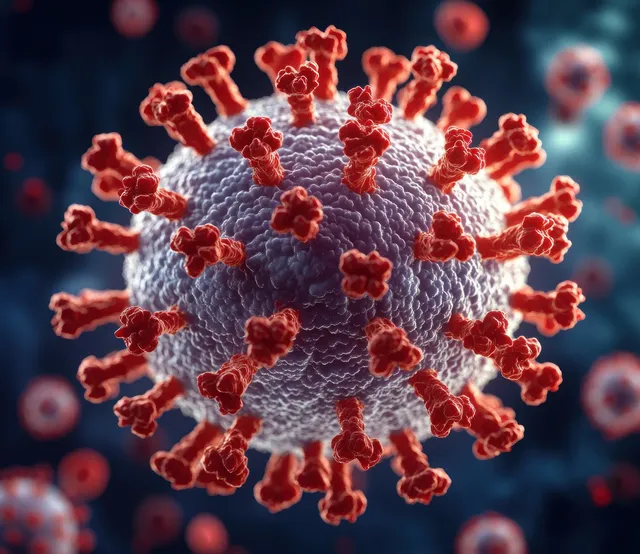 A 3D-rendered spherical virus with red spike proteins floats against a blurred blue background of glowing particles.