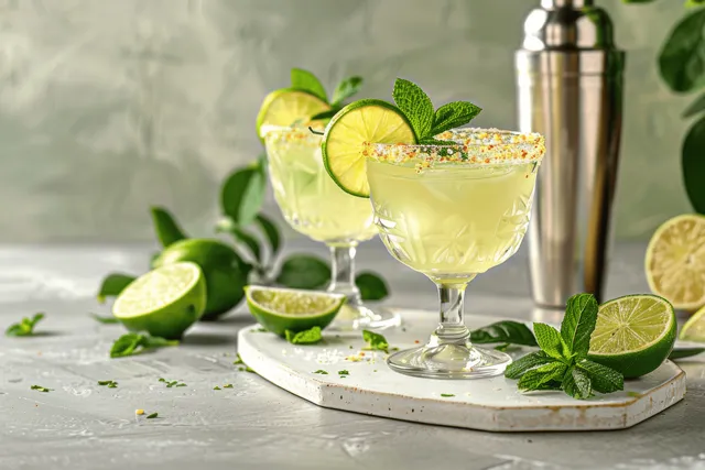 Stemmed margarita cocktail with lime wedges and mint leaves on a white marble tray.