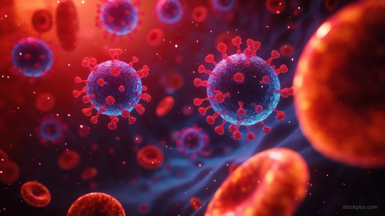 Microscopic virus particles float through a bloodstream scene with red and blue glowing highlights.