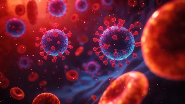 Microscopic virus particles float through a bloodstream scene with red and blue glowing highlights.