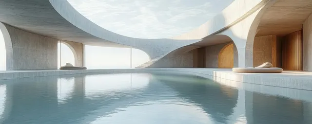 Circular indoor pool with still water reflecting curved concrete walls and daylight from large windows.