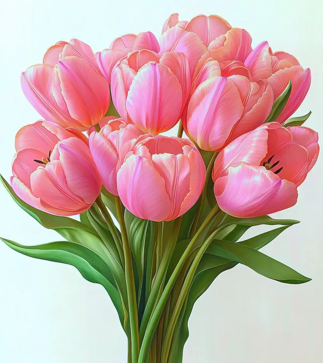Close-up bouquet of pink tulips with green leaves arranged together against a soft light background.