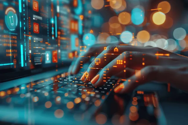 A businessman typing on a laptop while a glowing lock and encryption icons overlay a cyber network background.