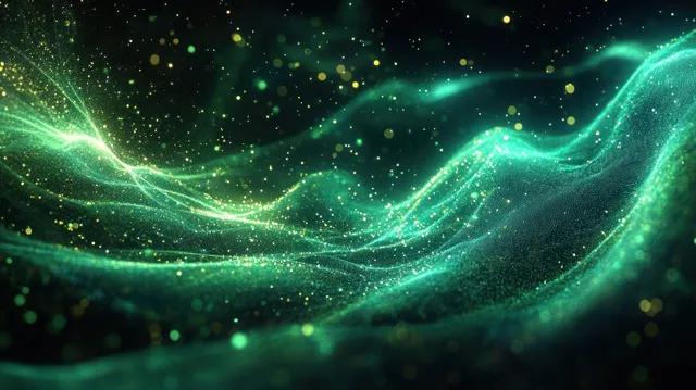 Teal and green particle waves curl across a dark background with scattered golden sparks.