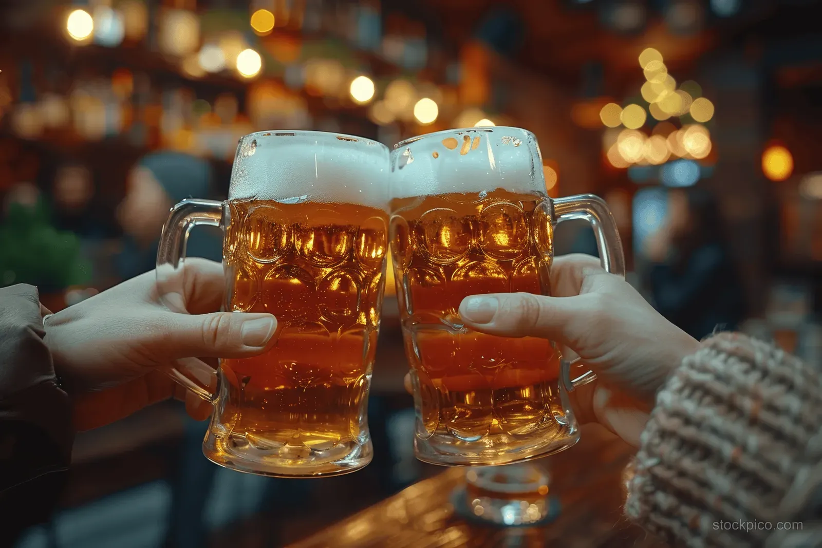 Two people clink frothy amber beer mugs at a cozy bar under warm bokeh lights.