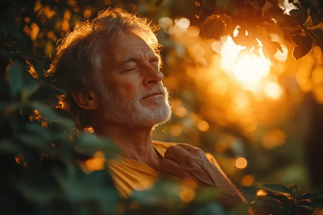 Senior Indian man clutching chest with pain outdoors at golden hour, sunlit greenery