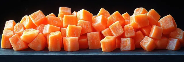 Diced sliced and julienned carrot pieces arranged in a minimalist layout on a white background.
