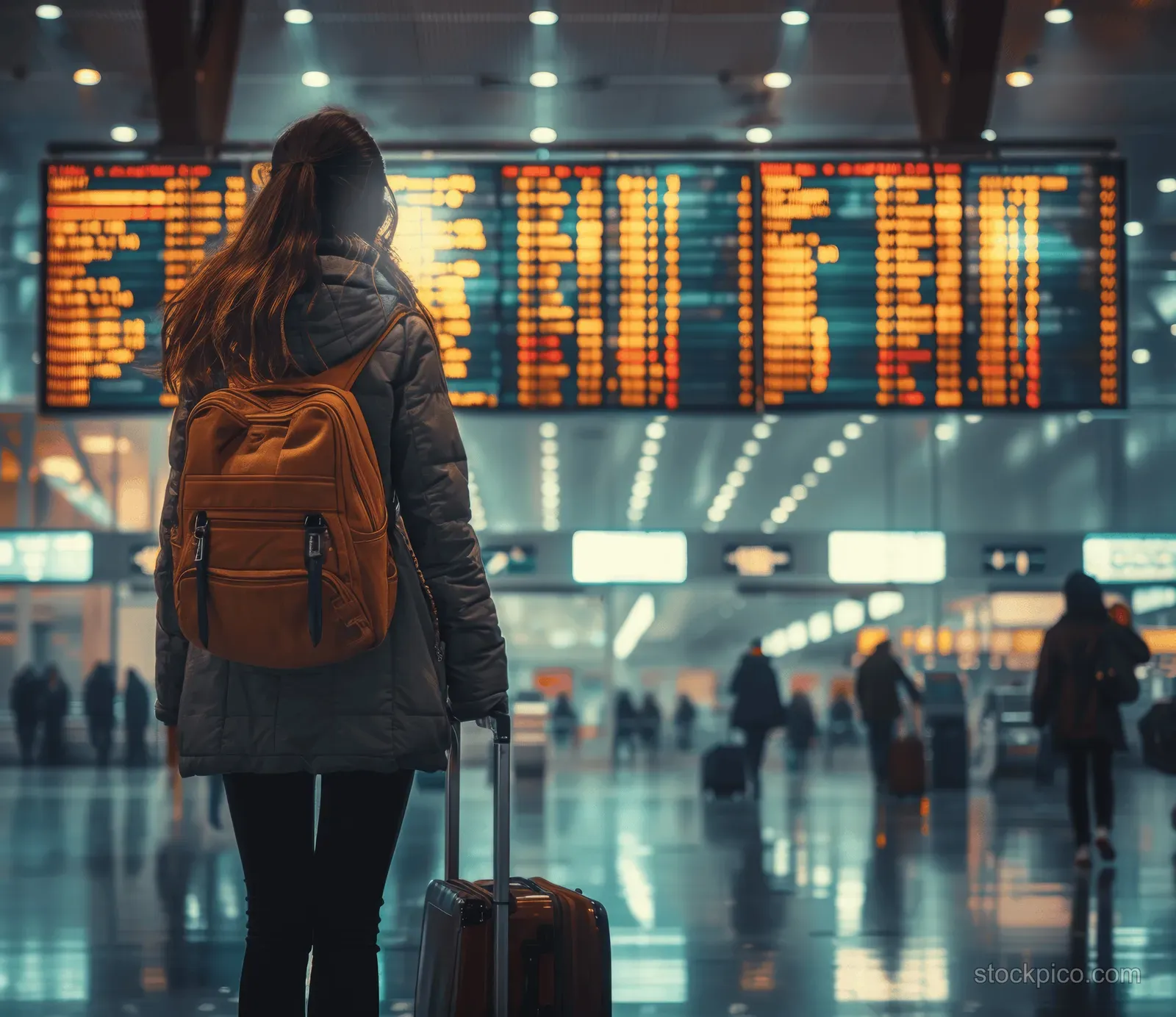 Young woman with luggage pauses in the airport terminal while reading a glowing flight information board.