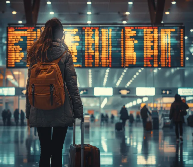 Young woman with luggage pauses in the airport terminal while reading a glowing flight information board.