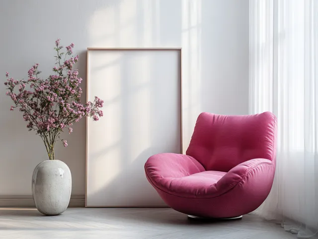 Pink lounge chair beside a white vase of pink flowers and a blank framed canvas in soft window light.