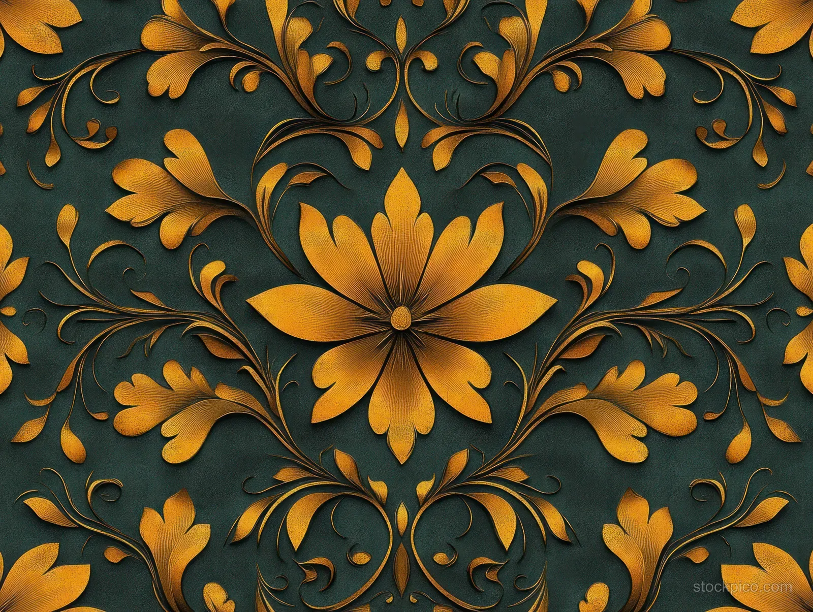 Golden symmetrical floral ornament with leaves and petals arranged around a central bloom on a dark textured background.