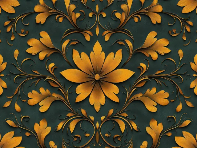 Golden symmetrical floral ornament with leaves and petals arranged around a central bloom on a dark textured background.