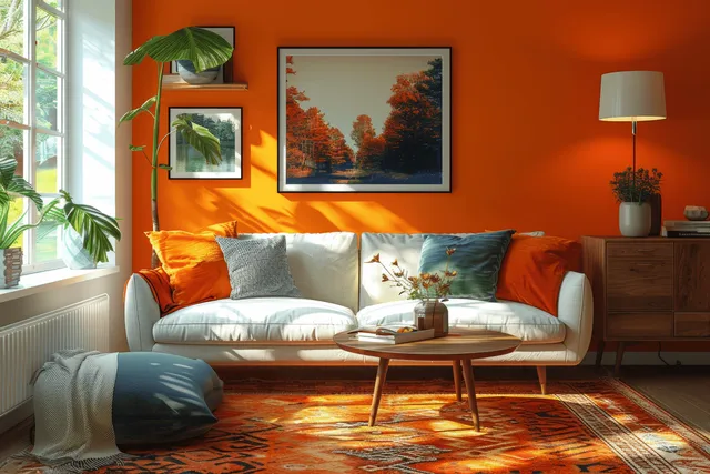 A Scandinavian living room with a white sofa, orange wall, framed pictures, and a standing floor lamp.