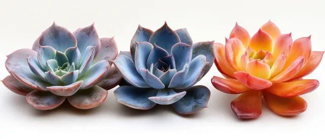 A row of colorful echeveria succulent rosettes arranged on a white background.