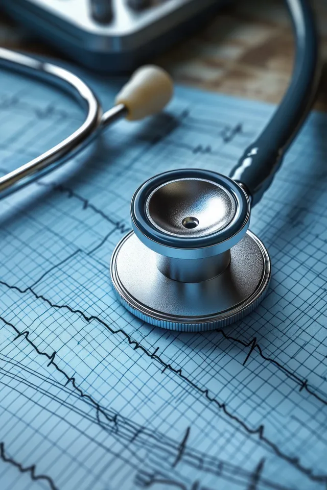Stethoscope placed on an ECG printout with blue electrocardiogram waveform lines.