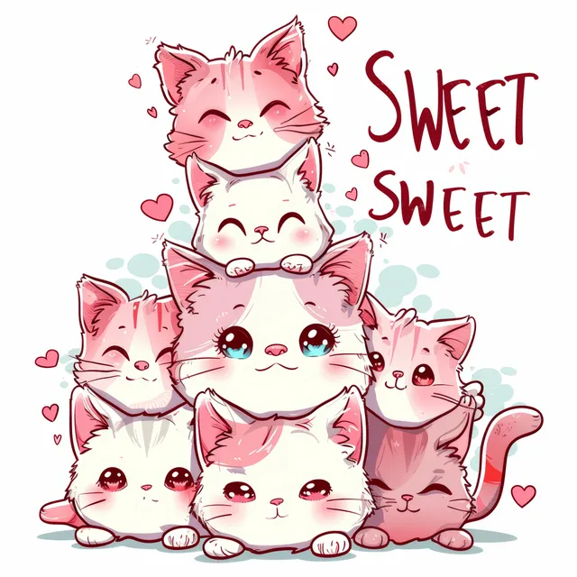 A stack of pastel pink and white kawaii cats surrounded by sweet treats, perfect for playful designs and decor.