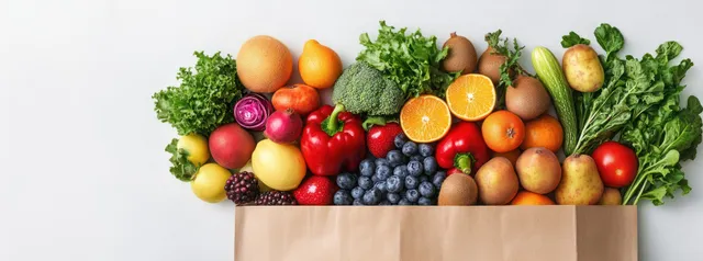 Fresh produce overflowing from grocery bag with leafy herbs and colorful fruits overhead view
