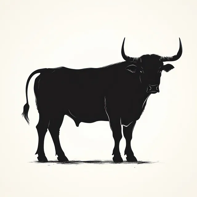 A black bull silhouette stands in profile with curved horns against a light background.
