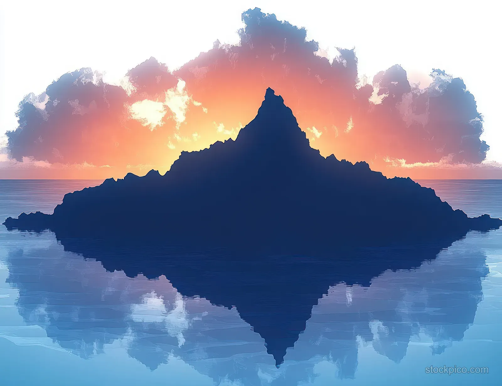 Silhouette of a pointed mountain island reflected in calm water beneath a colorful sunset sky.