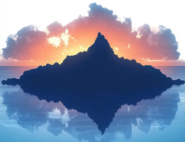 Silhouette mountain island at sunset with sharp peak mirrored in calm reflective water