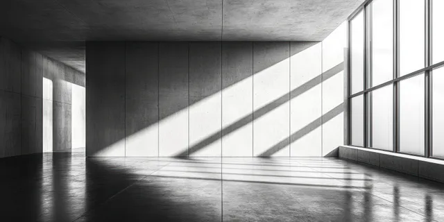 Empty minimalist concrete interior with window light beams casting long shadows on the glossy tiled floor.