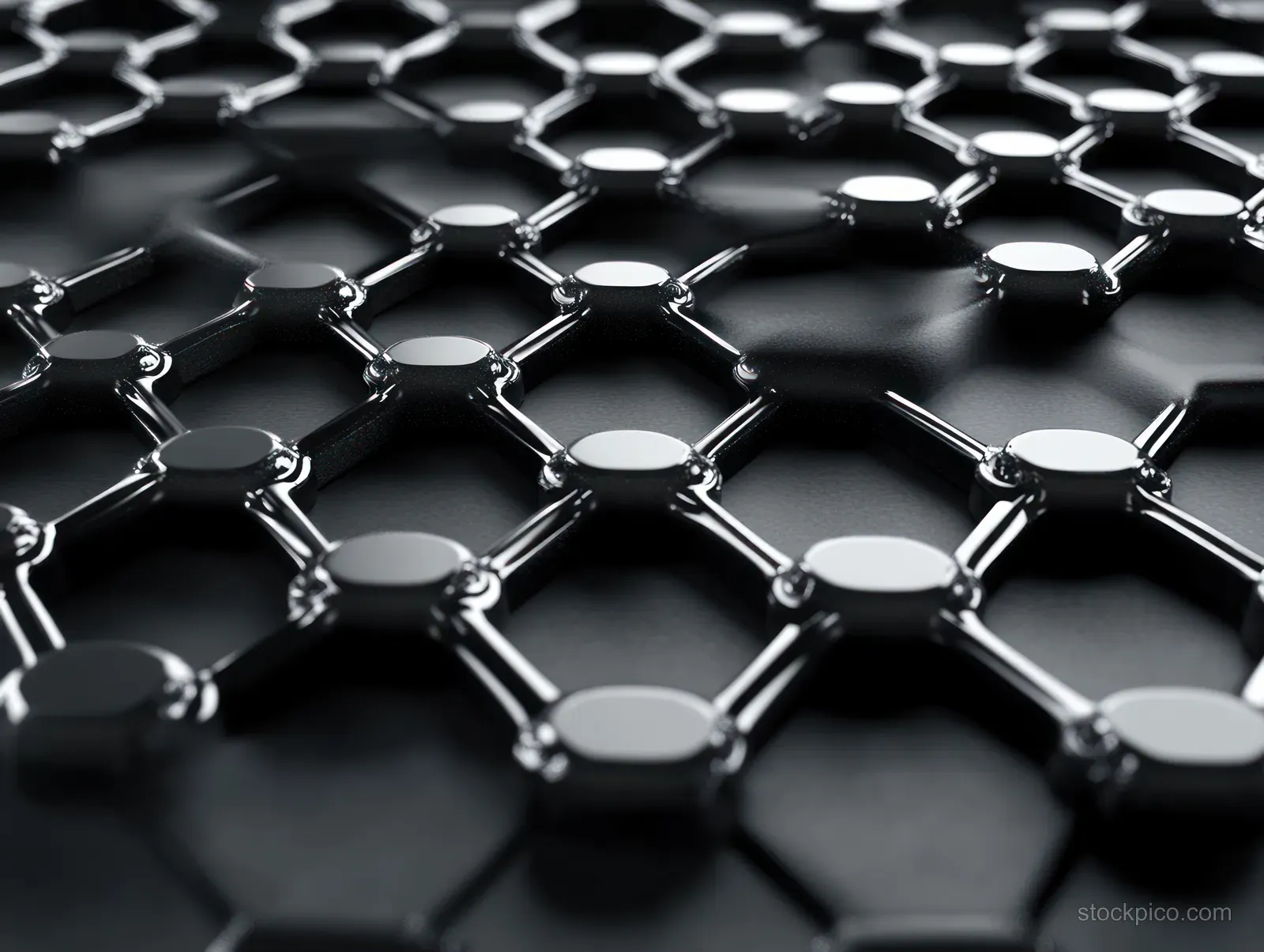 Close-up 3D render of a glossy black hexagonal molecular lattice with reflective connected nodes and link bars.