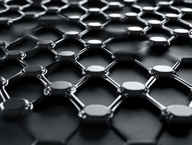 Close-up 3D render of a glossy black hexagonal molecular lattice with reflective connected nodes and link bars.