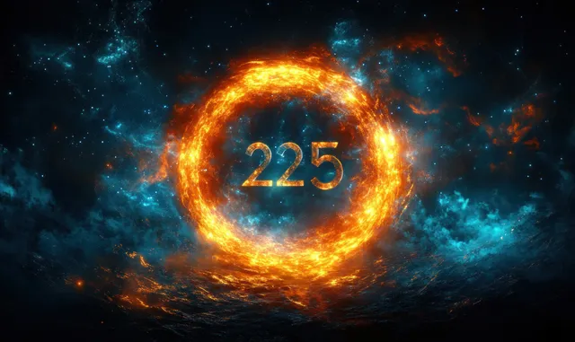 A glowing orange ring with the number 225 floats in a blue and orange cosmic nebula scene.