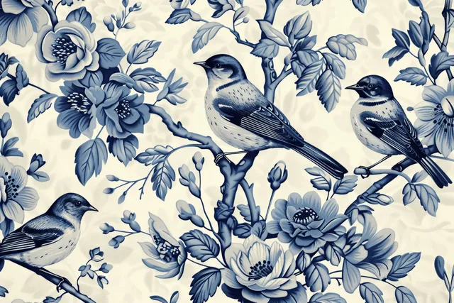 Vintage French toile bird pattern on cream fabric with blue floral branches