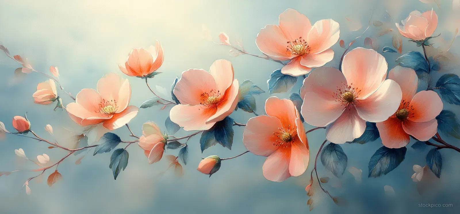 Peach and pink watercolor wildflower blooms with green leaves arranged across a soft pastel sky background.