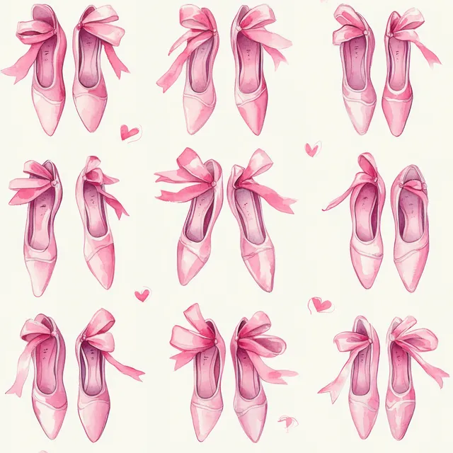 Seamless watercolor repeat of pink ballet slippers with ribbon bows on a light background with small hearts.