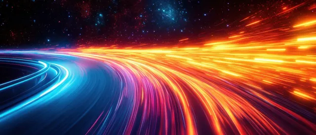 Neon light trails sweep around a nighttime highway curve with motion blur and colorful glowing streaks on the asphalt.