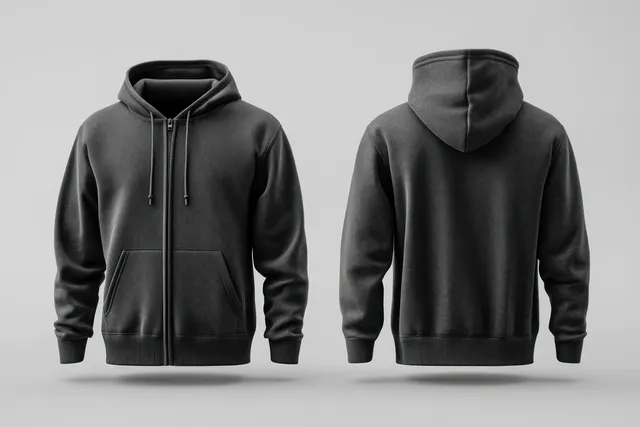 Black zip-up hoodie front and back 3D render on a light gray studio backdrop with visible fabric texture.