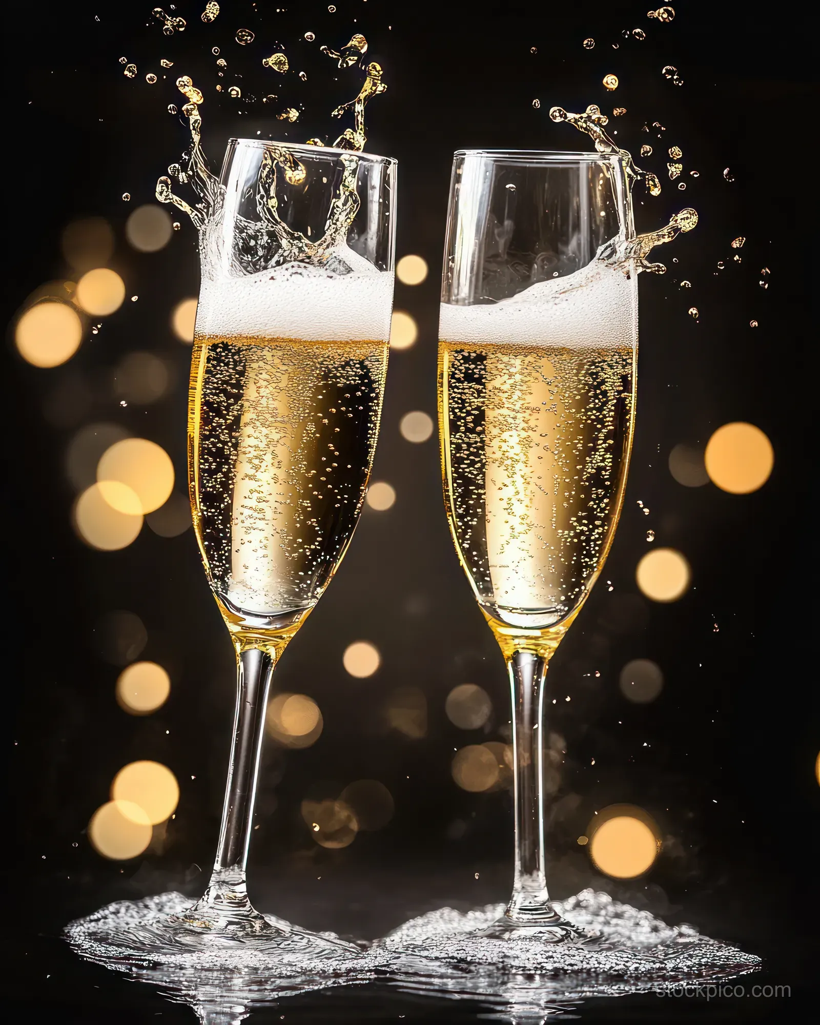 Two champagne flutes clink with golden bubbly liquid splashing on a dark background with warm bokeh lights.