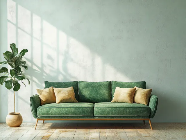 Green velvet sofa with beige cushions sits in a bright Scandinavian living room beside a potted snake plant.