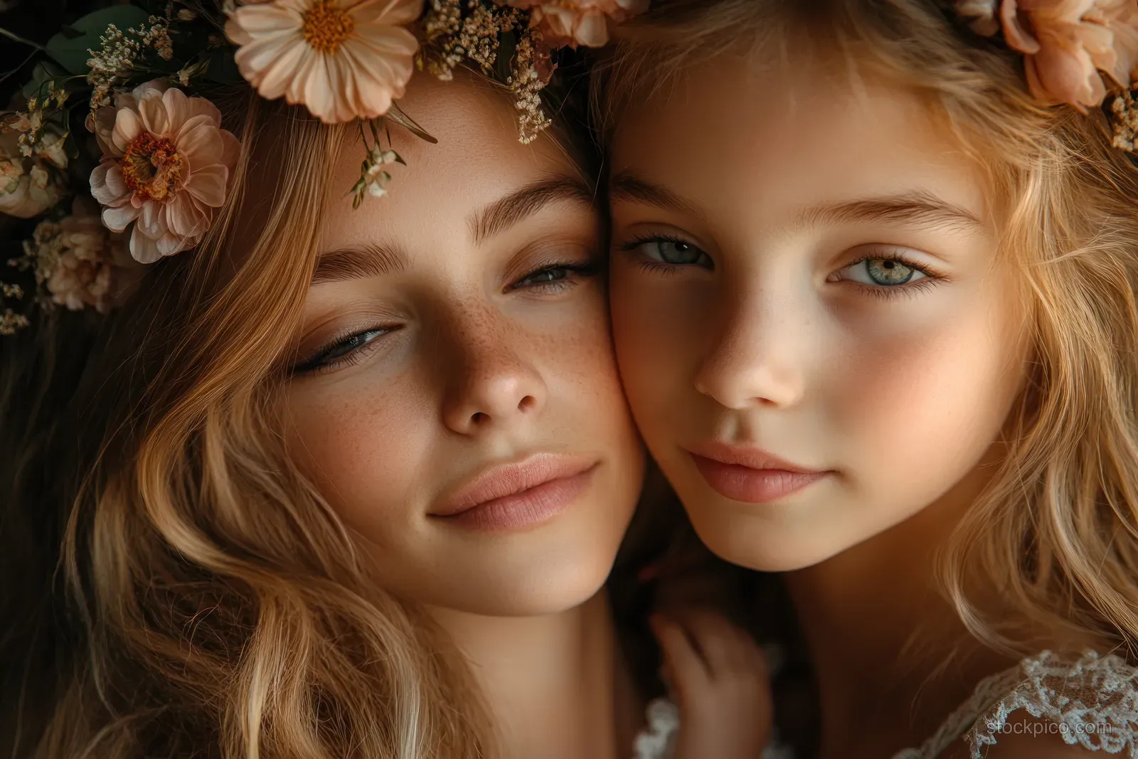 An African mother holds her child close, both faces nestled together with golden light and flowers above them.