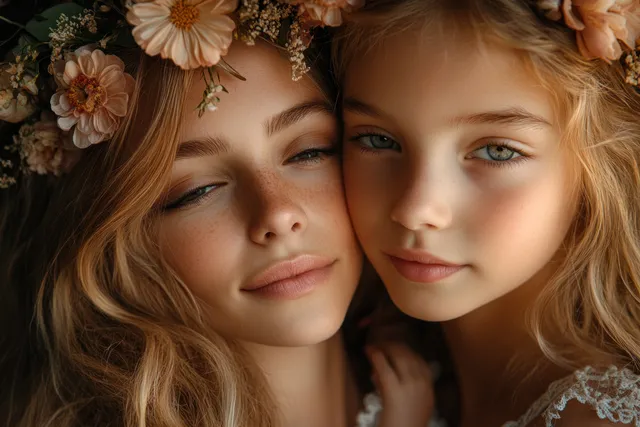 African mother and child cheek-to-cheek embrace at golden hour, surrounded by flowers