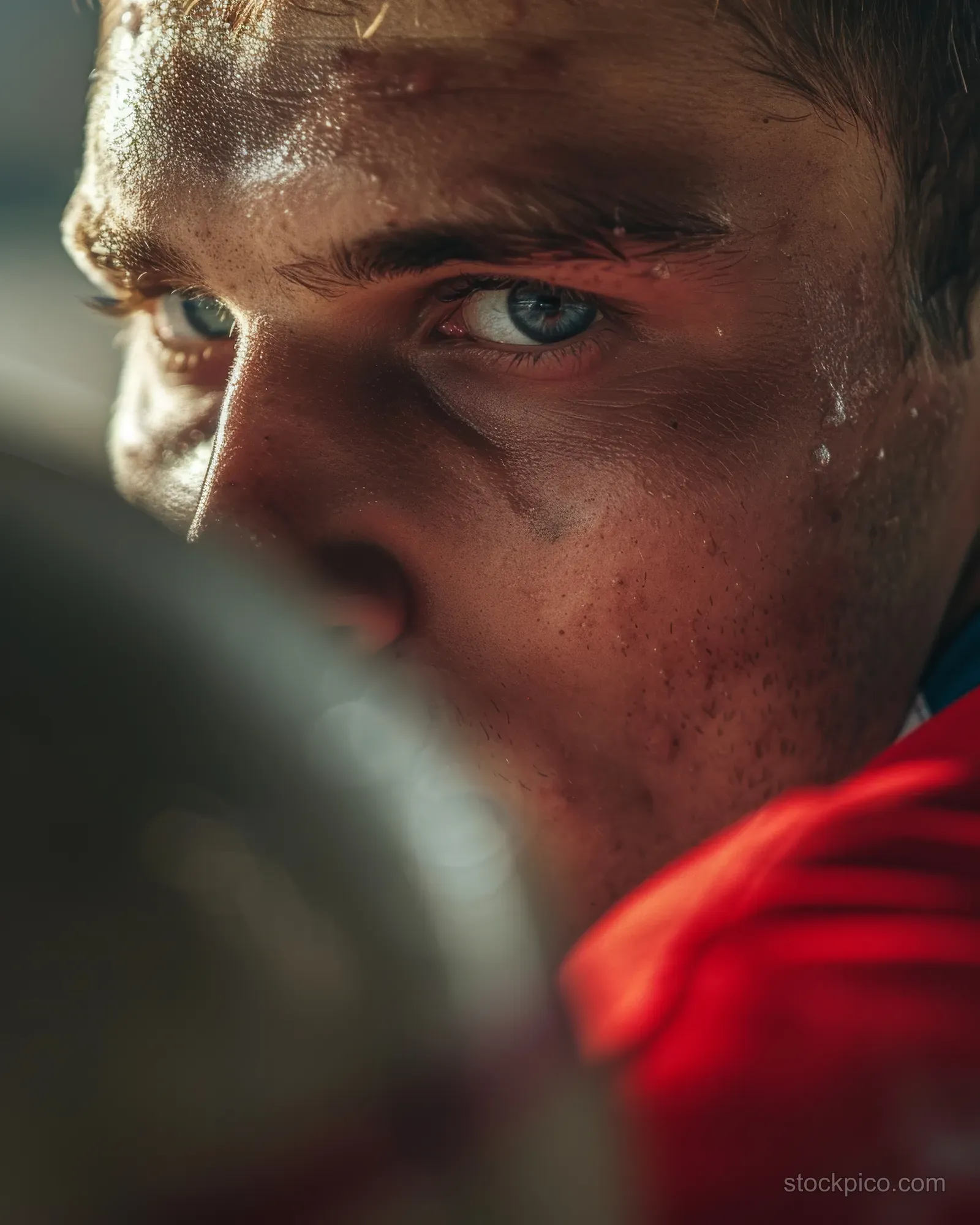 Close-up of a Russian shot put athlete’s focused face with sweat droplets as they prepare outdoors.